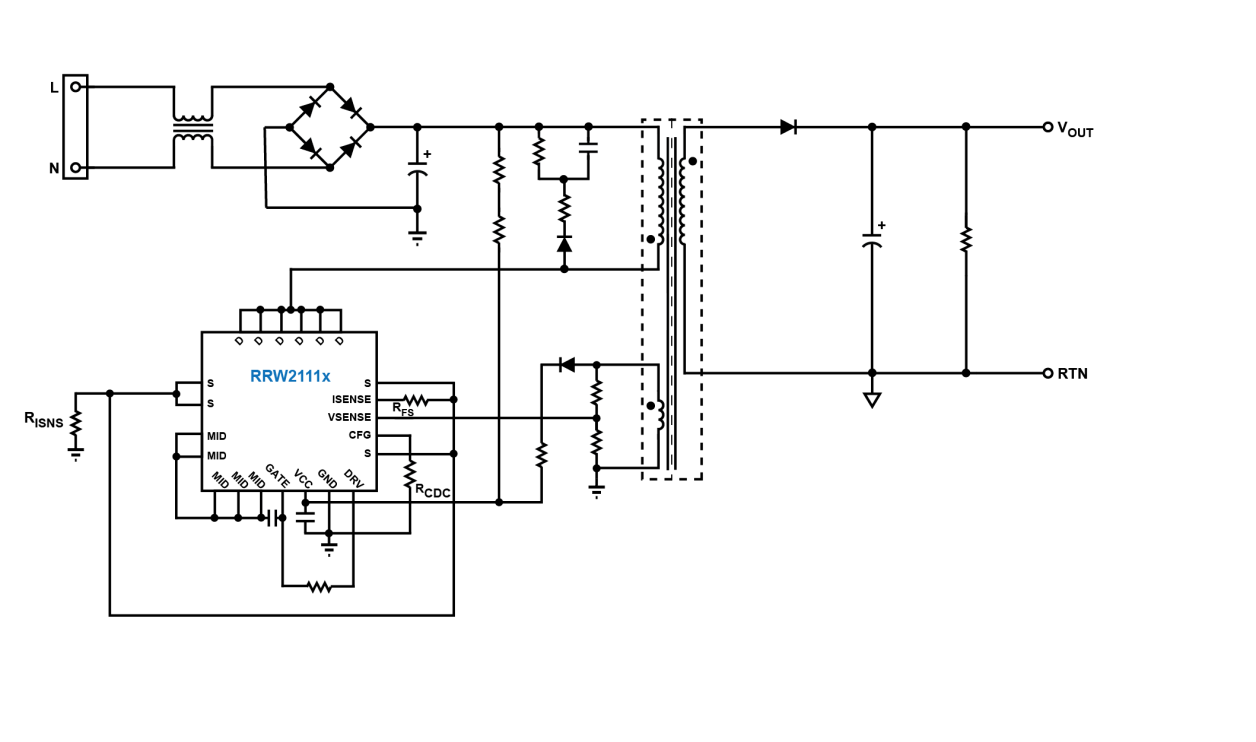 Typical application diagram for the RRW2111x showing the device integrated into a standard system configuration. The diagram highlights input and output connections, control paths, power stage elements, and the functional relationship between the RRW2111x and surrounding circuitry.