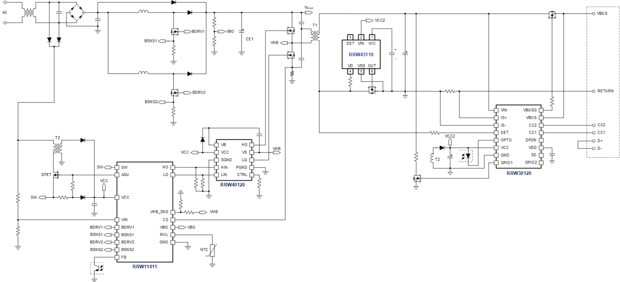 Typical application diagram for a USB Power Delivery Extended Power Range (USB PD EPR) charger, illustrating the power path, USB‑C port connection, PD controller, protection circuitry, and associated components involved in negotiating and delivering higher‑power EPR charging.
