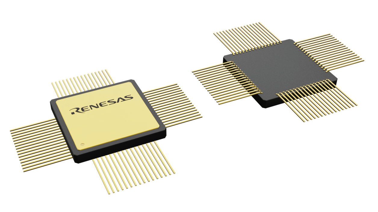 3D illustration featuring top and bottom views of CQFP IC chip package with 64 lead count.