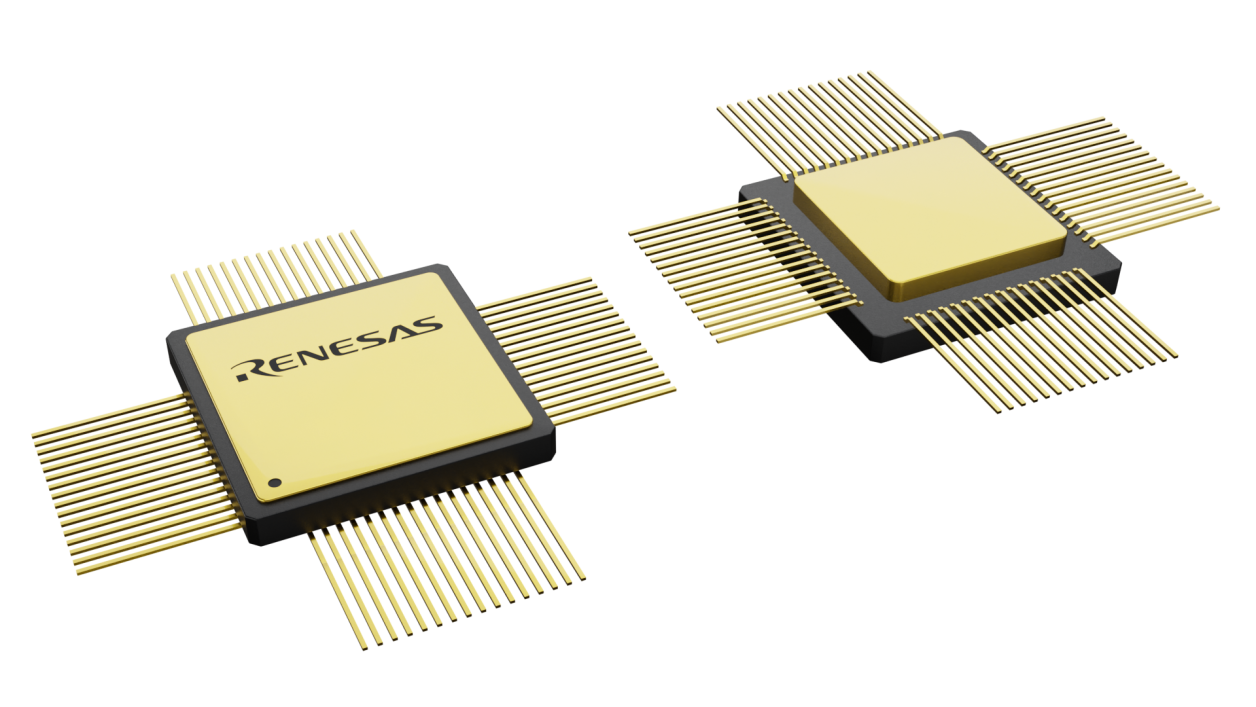 3D illustration featuring top and bottom views of CQFP IC chip package with 64 lead count.