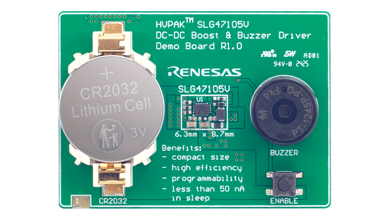 DC/DC 升压转换器和蜂鸣器驱动器参考设计电路板 - 顶视图