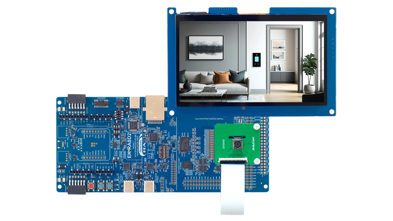 EK-RA8D2 Evaluation Board - LCD board and camera module attached