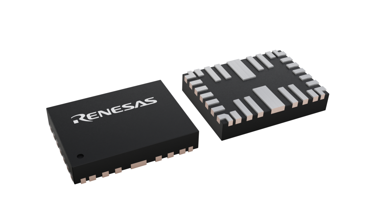3D illustration featuring top and bottom views of FCQFN IC chip package with 28 lead count.
