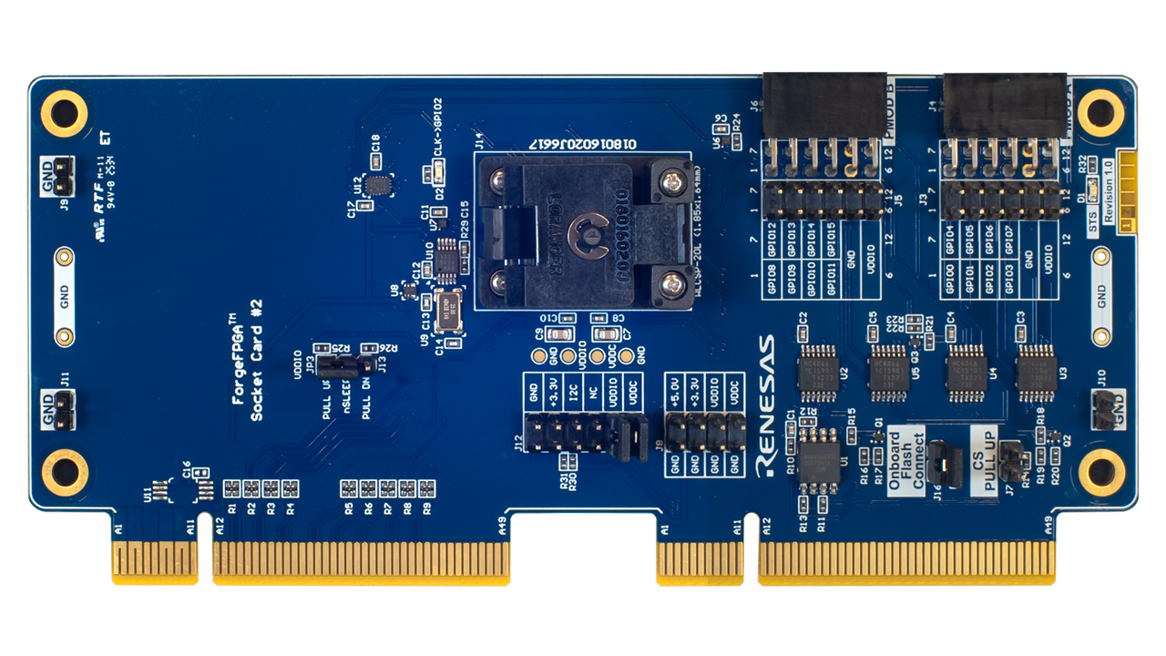 Photo of the top of the ForgeFPGA Socket Card #2 board.