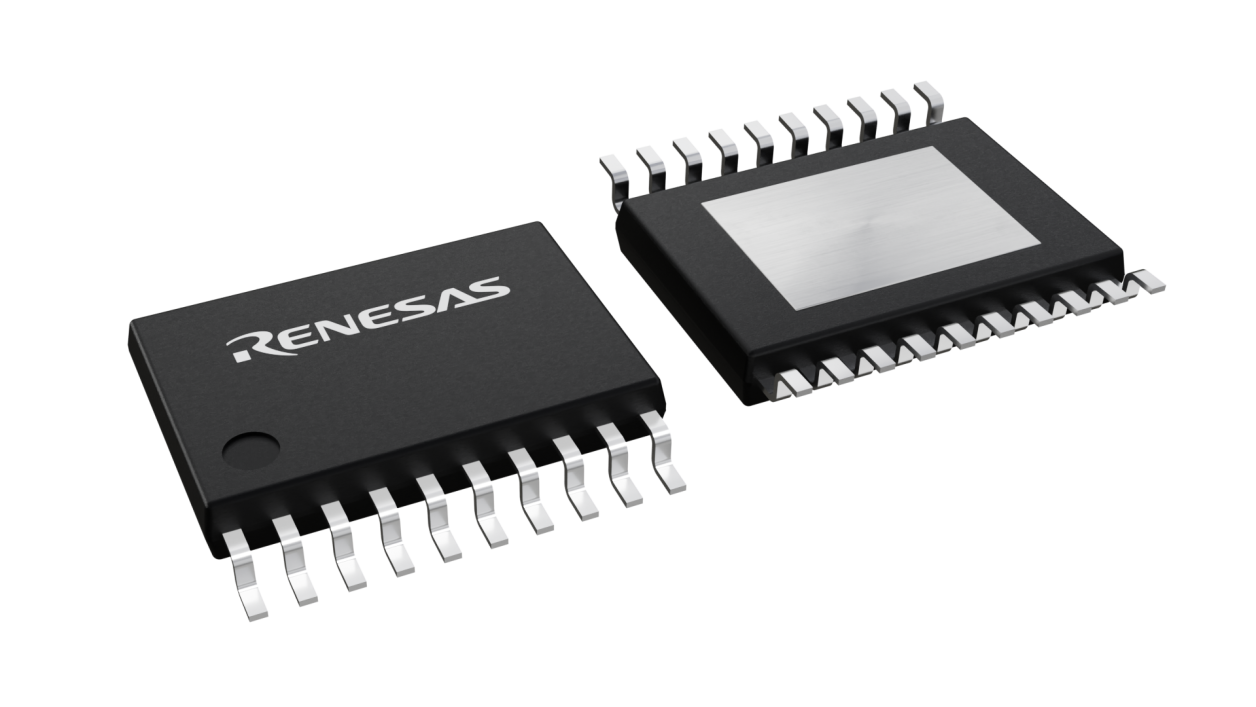 3D illustration featuring top and bottom views of HTSSOP IC chip package with 20 lead count.
