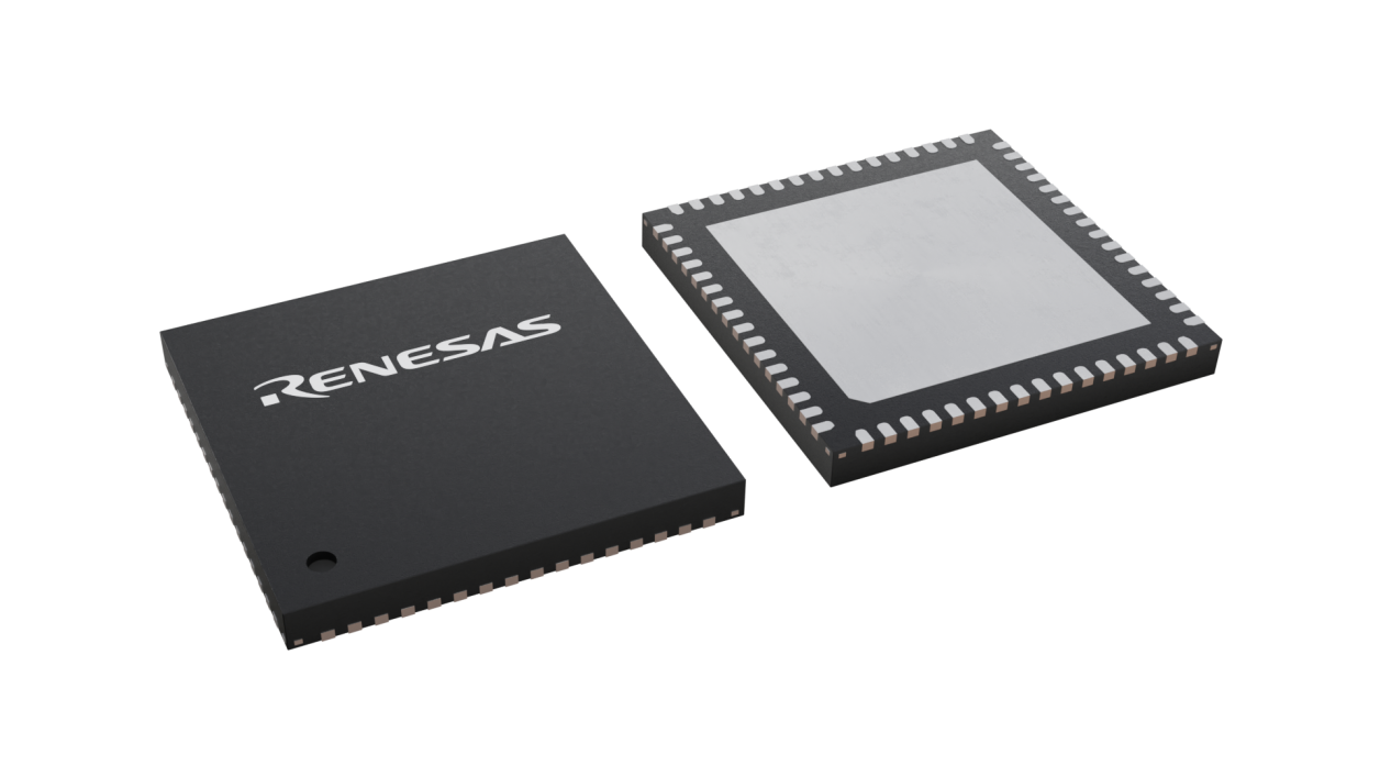 3D illustration featuring top and bottom views of HVQFN IC chip package with 64 lead count.