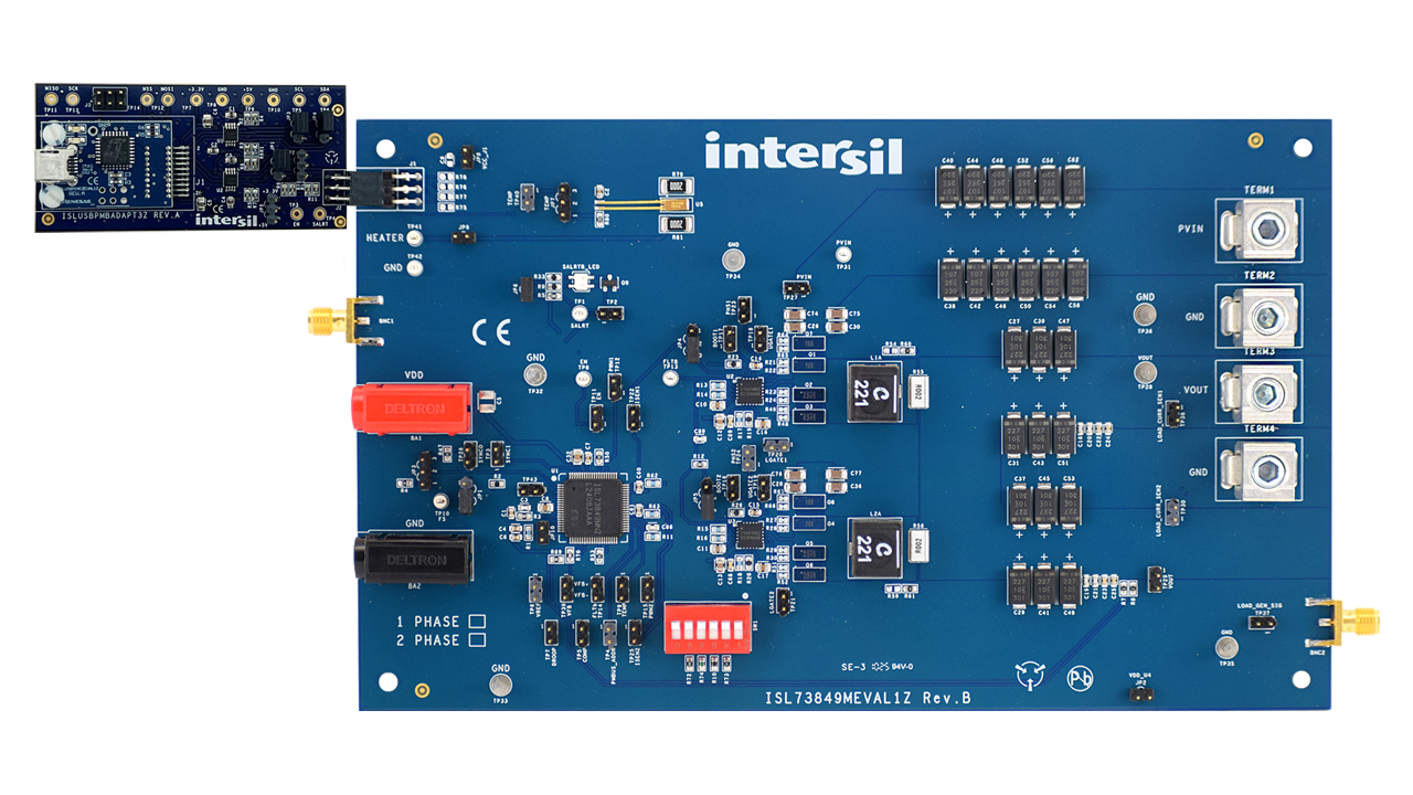 ISL73849MEVAL1Z Rad Tolerant Dual-Phase PWM Controller with PMBus Evaluation Board Connected to the ISLUSBPMBADAPT3ZA Adapter Board