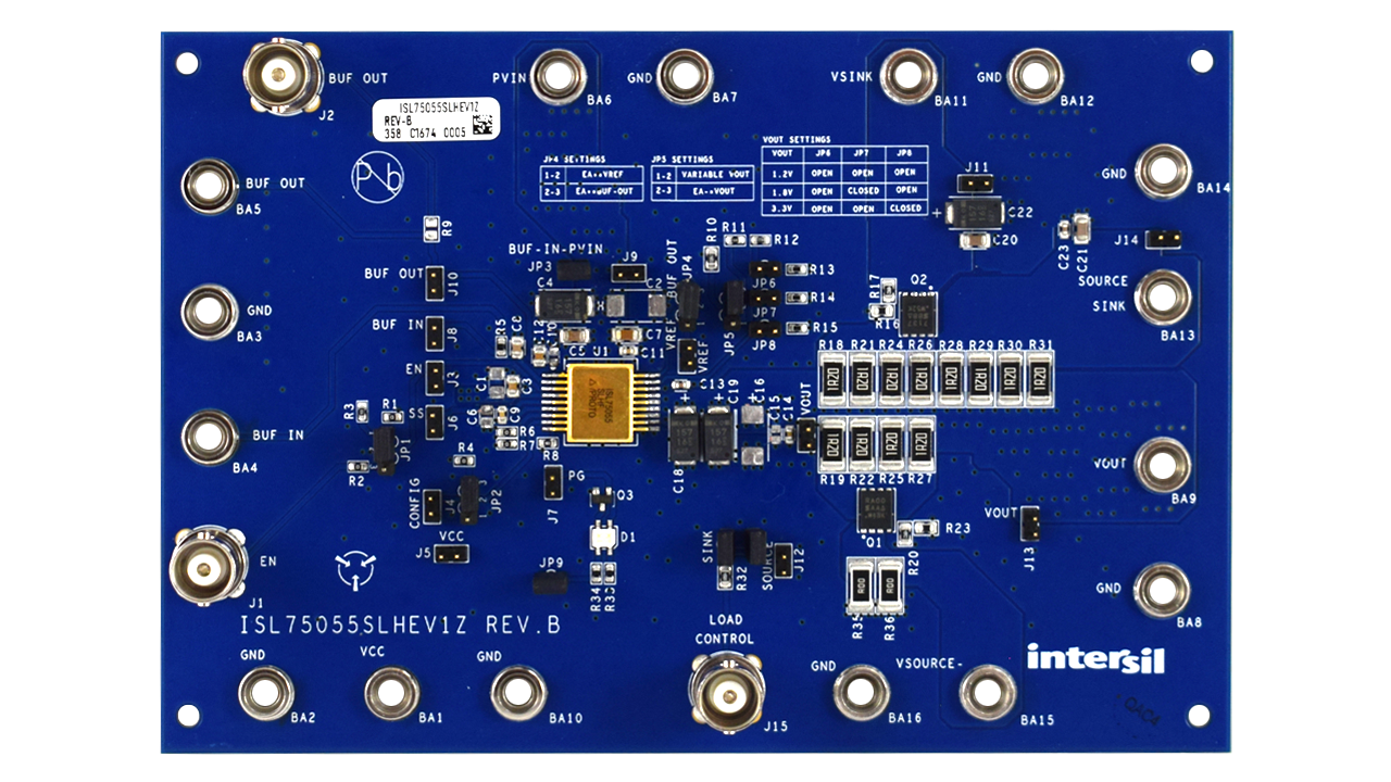 ISL75055SLHEV1Z Radiation Hardened 3A Source and Sink DDR Terminator/LDO Evaluation Board - Top