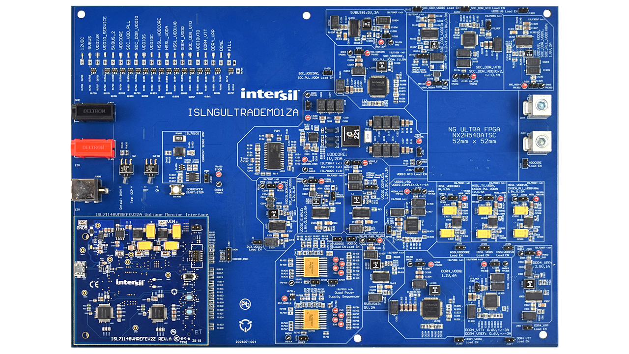 ISLNGULTRADEMO1Z Board with the ISL71148VMREFEV2Z Board Attached