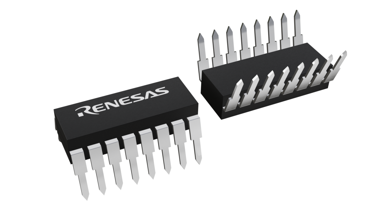 3D illustration featuring top and bottom views of PDIP chip package with 16 lead count.