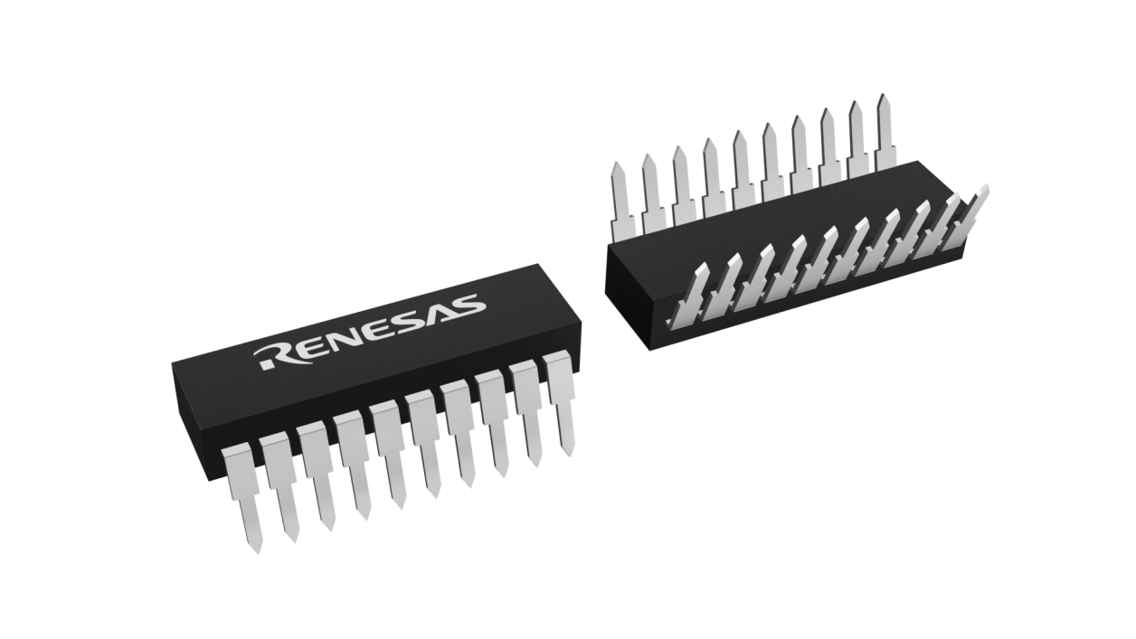 3D illustration featuring top and bottom views of PDIP chip package with 20 lead count.