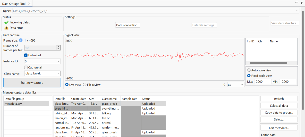 Screenshot of the Data Storage Tool interface for a project named "Glass_Break_Detector_V1_1." The interface shows data capture settings, a live signal waveform, and a list of uploaded data files with metadata.
