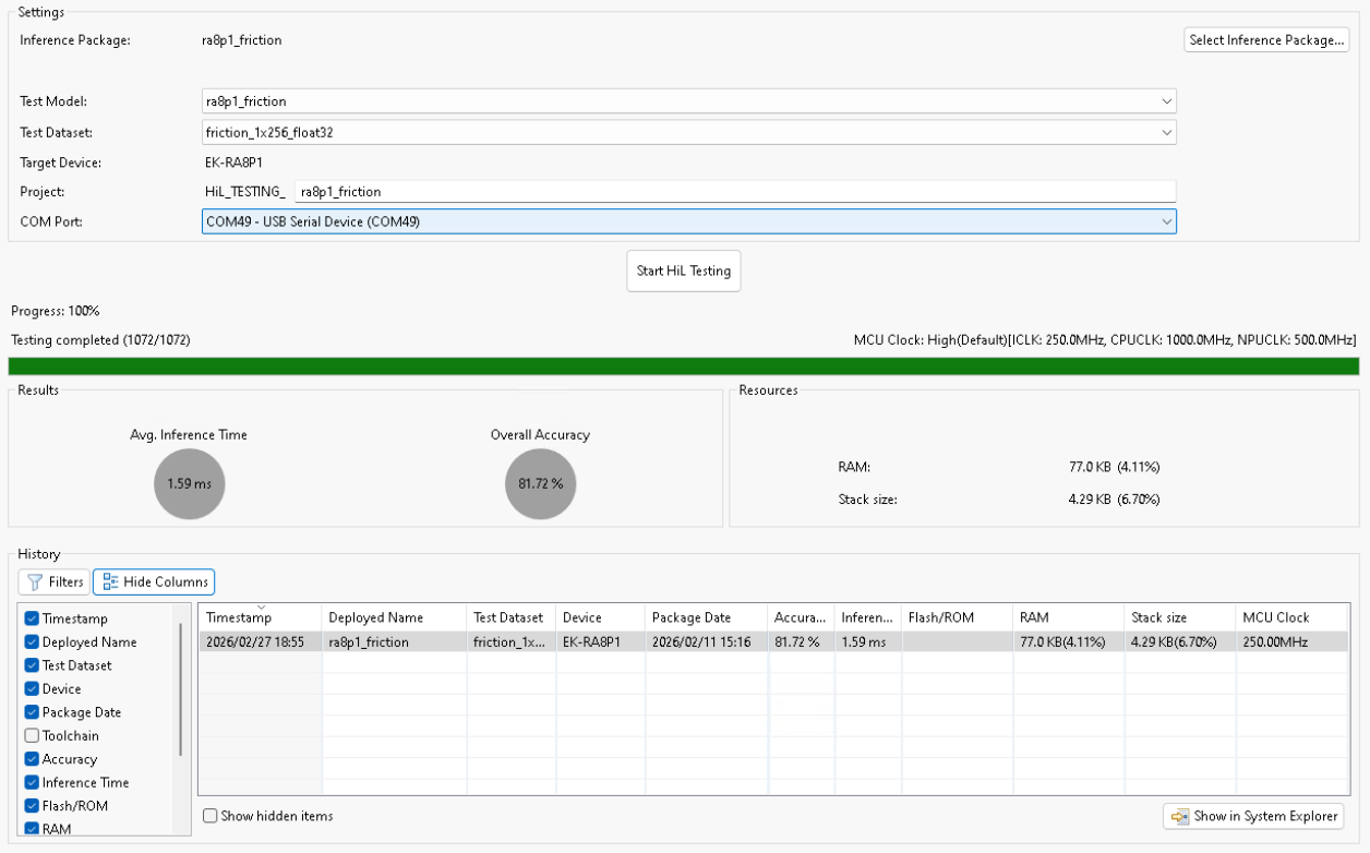 Screenshot of a software interface for HIL (Hardware-in-the-Loop) testing of an AI inference package. It shows test settings, progress, results, resource usage, and a history log of test runs.