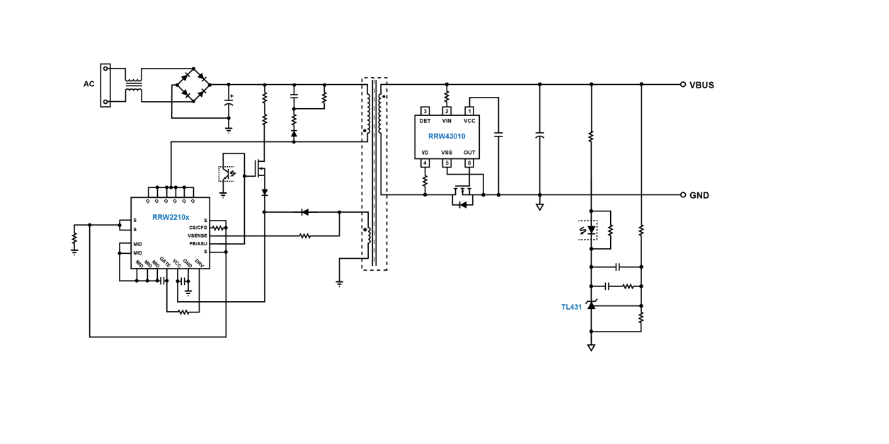 Typical application circuit for the RRW2210x using TL431 secondary‑side control and a bottom‑side synchronous rectifier driven by the RRW43010. 
