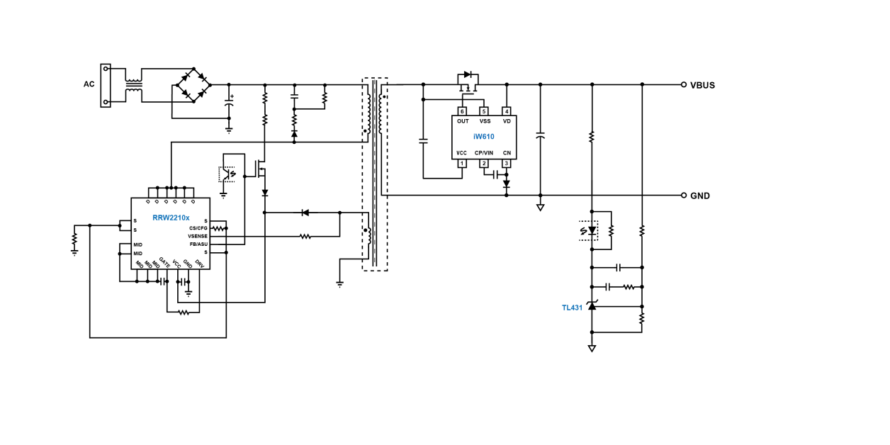 Typical application circuit for the RRW2210x using TL431 secondary‑side control and a top‑side synchronous rectifier driven by the iW610.