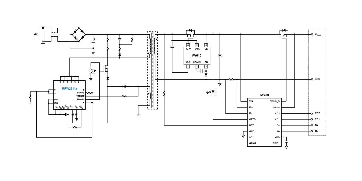 Typical RRW2211x application circuit using iW610 and iW780 secondary‑side control in a single‑port USB‑PD charger design.
