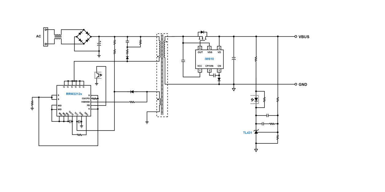 Typical RRW2212x application circuit using TL431 feedback and a top‑side synchronous rectifier driven by the iW610.
