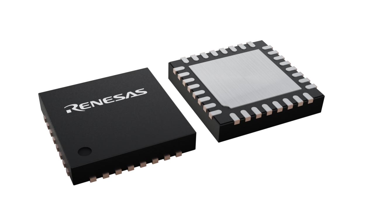 3D illustration featuring top and bottom views of SCQFN chip package with 32 lead count.