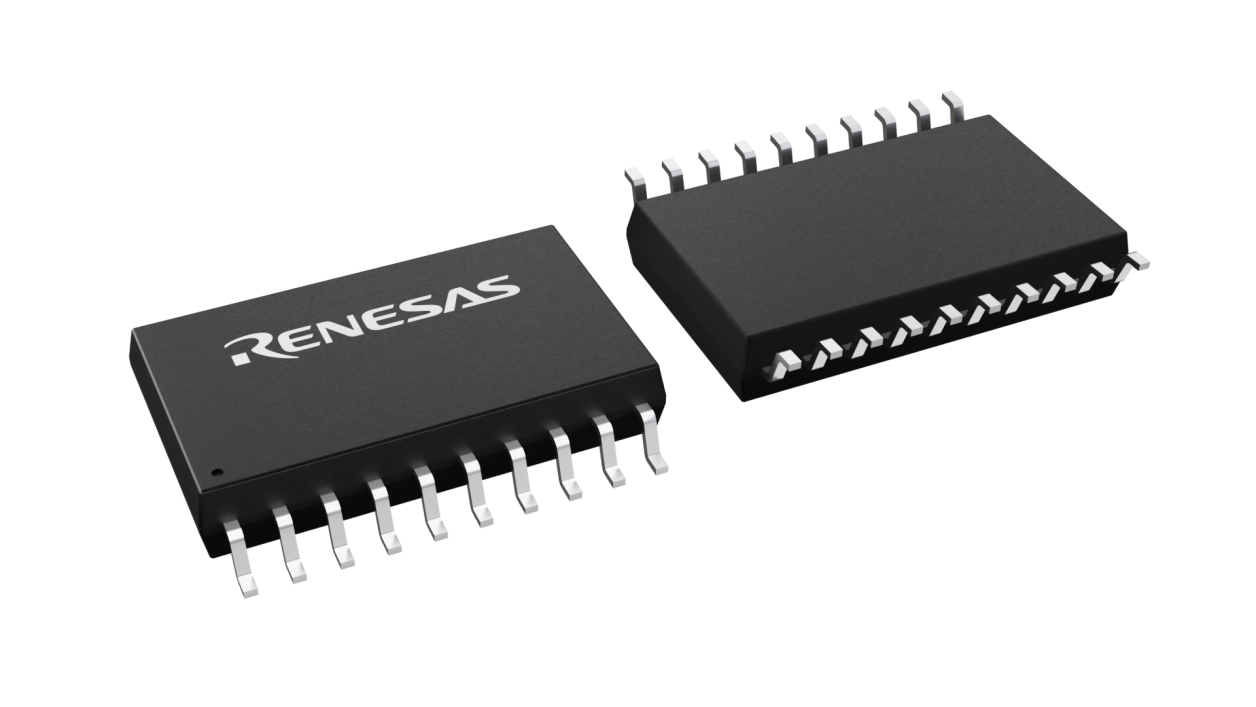 3D illustration featuring top and bottom views of SOIC chip package with 20 lead count.