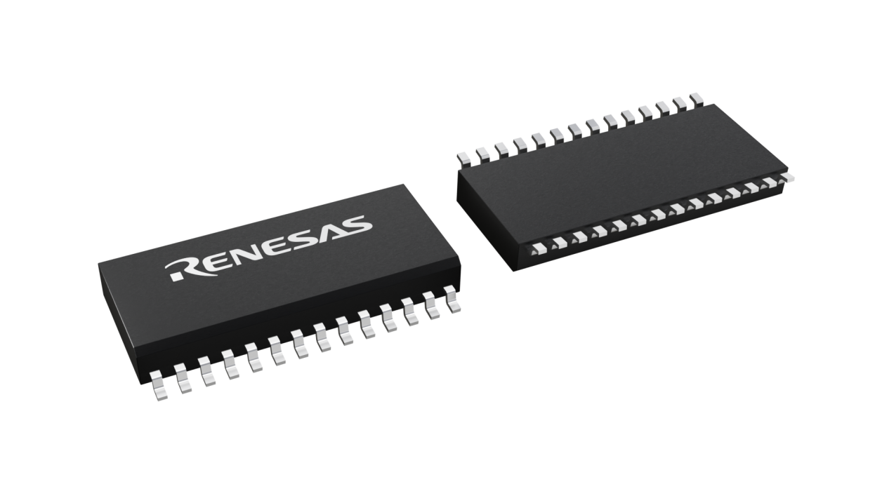 3D illustration featuring top and bottom views of SOICW chip package with 28 lead count.