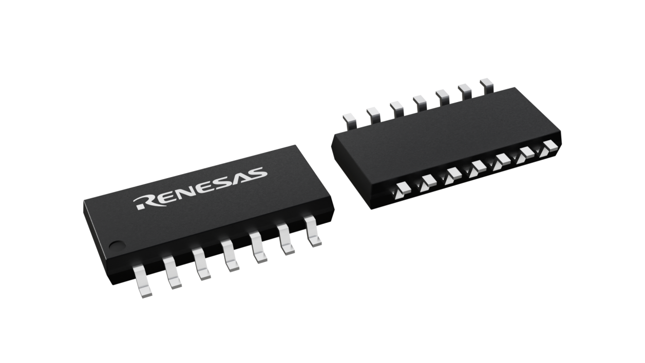 3D illustration featuring top and bottom views of SOP chip package with 14 lead count.