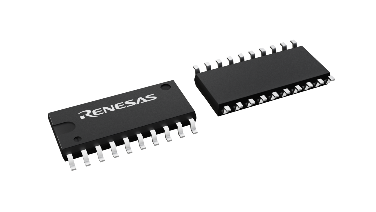 3D illustration featuring top and bottom views of SOP chip package with 20 lead count.