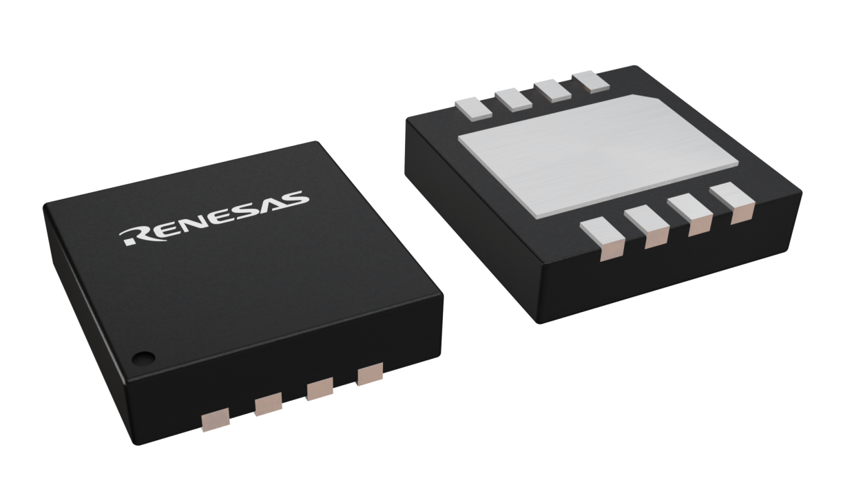 3D illustration featuring top and bottom views of TDFN IC chip package with 8 lead count.