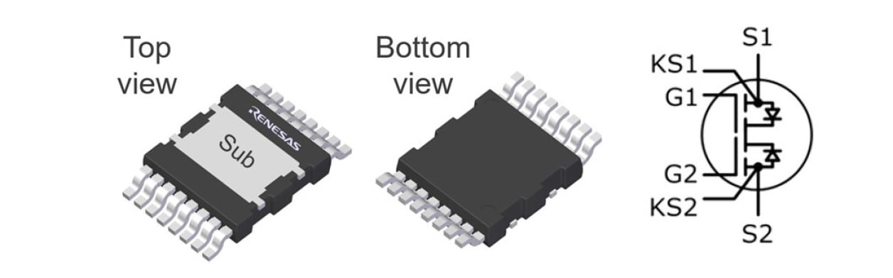 Image showing the TP65B110HRU package outline alongside its typical application circuit, illustrating the device’s common‑drain bi‑directional GaN switch configuration and key external connections.