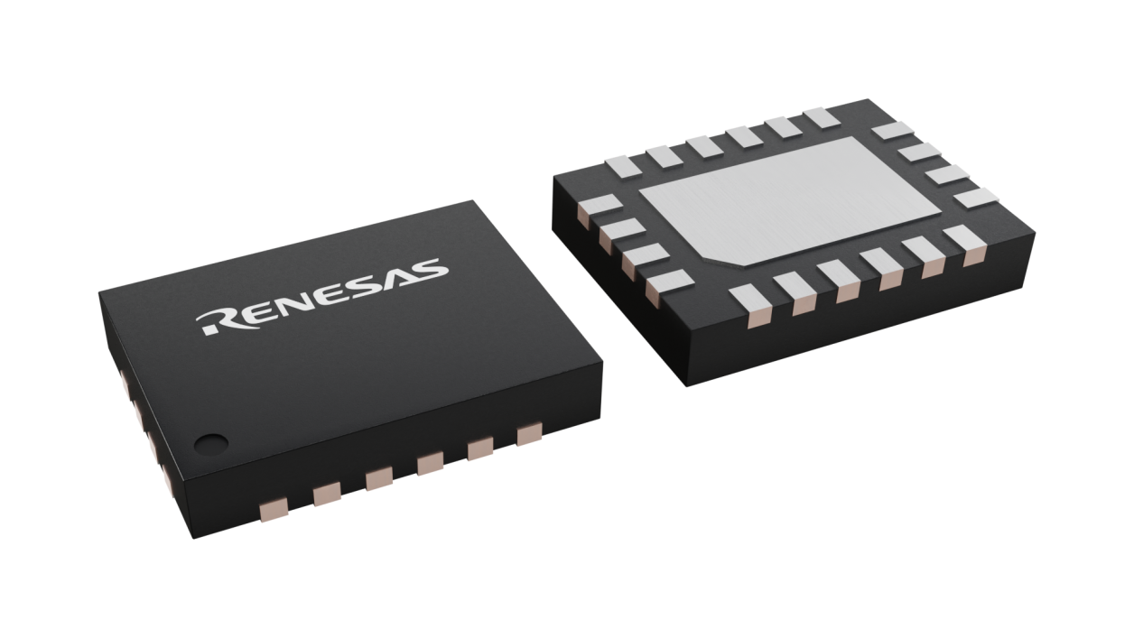 3D illustration featuring top and bottom views of TQFN chip package with 20 lead count.