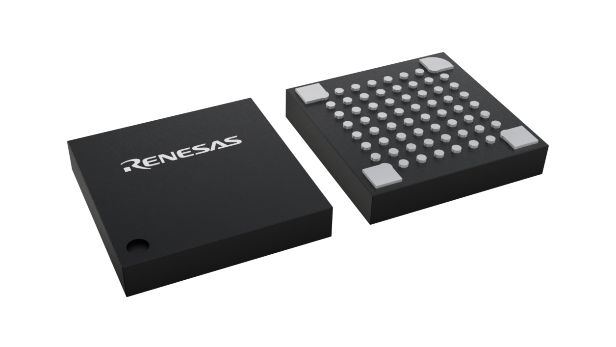 3D illustration featuring top and bottom views of VFLGA IC chip package with 64 lead count.