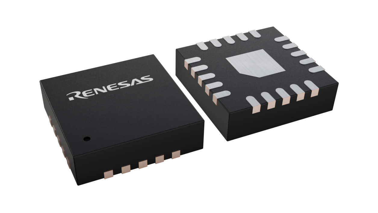 3D illustration featuring top and bottom views of VFQFPN IC chip package with 20 lead count.