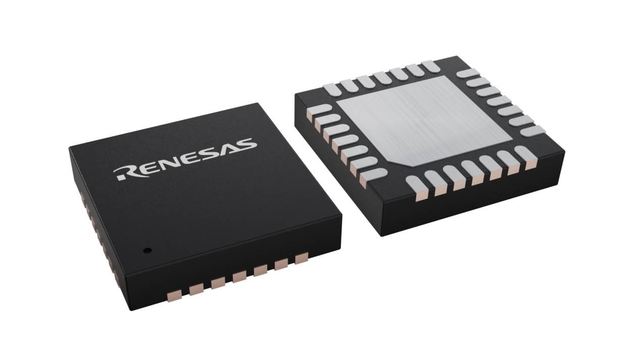 3D illustration featuring top and bottom views of VFQFPN IC chip package with 28 lead count.