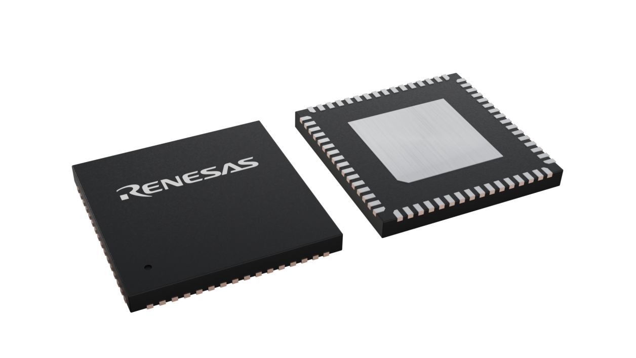 3D illustration featuring top and bottom views of VFQFPN IC chip package with 64 lead count.