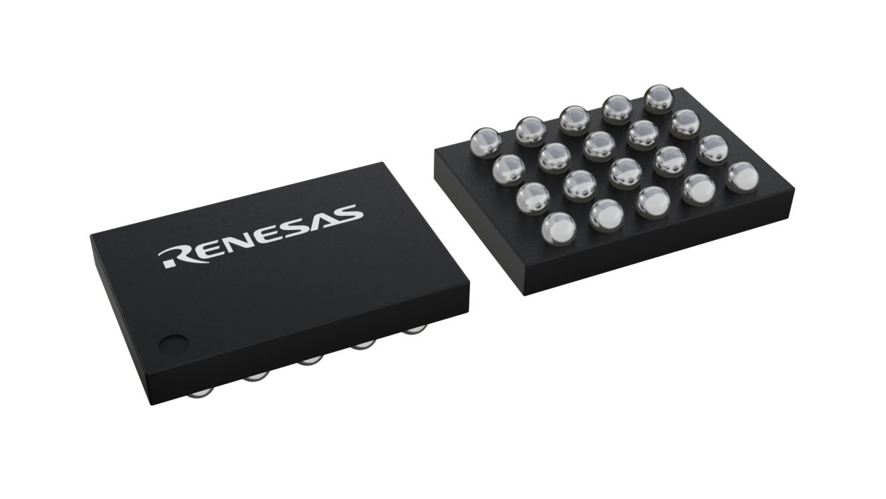 3D illustration featuring top and bottom views of WLCSP-BP IC chip package with 20 lead count.