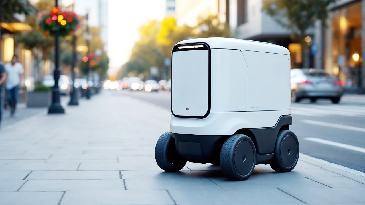 An autonomous delivery robot navigates a city street