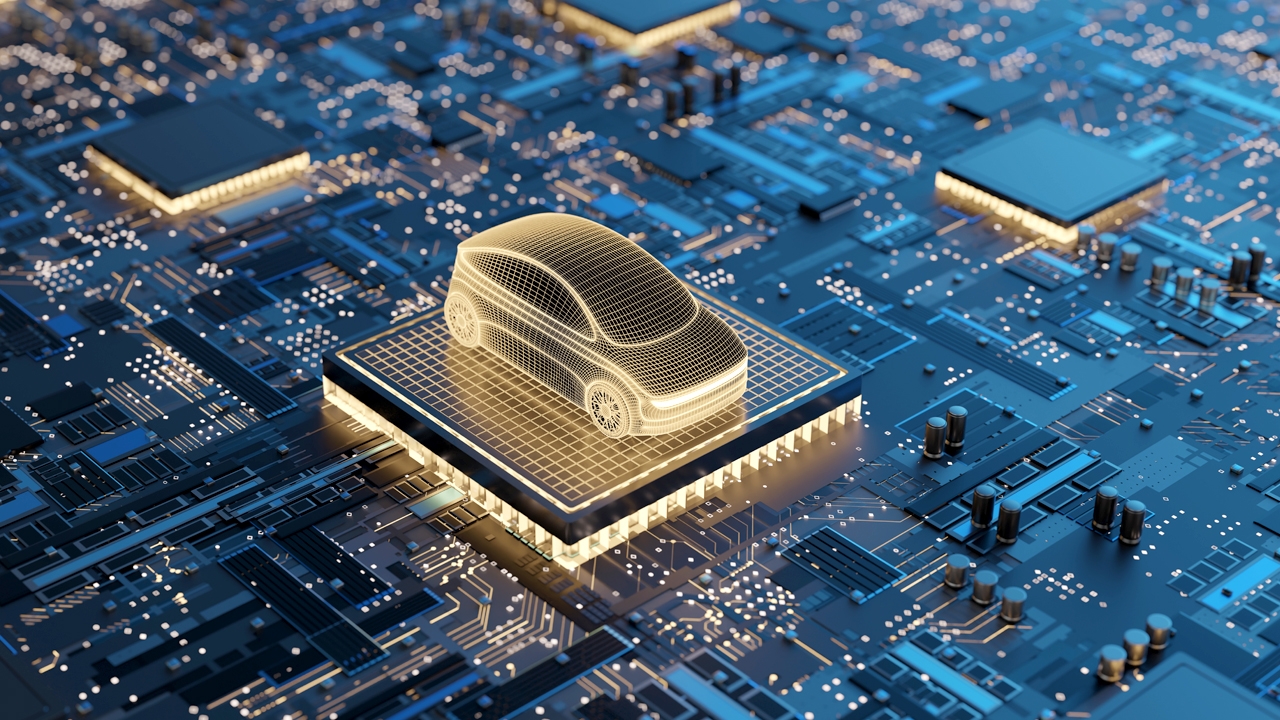 Car illustration on semiconductor chip showcasing AI technology and system integration in autonomous driving.
