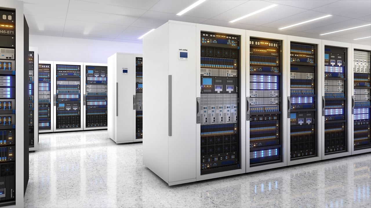 Data Center Storage and Network Processing Room Server racks at a data center storage and network processing room.
