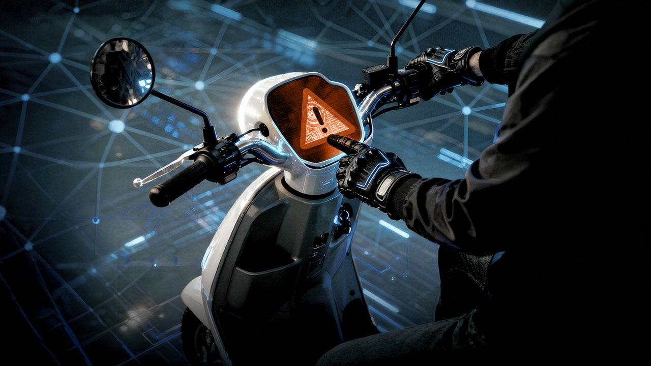 Electric scooter rider interacting with scooter's HMI display.