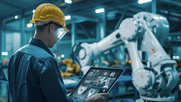Engineer in factory checks for functional safety of robotic arm on real time monitoring system.
