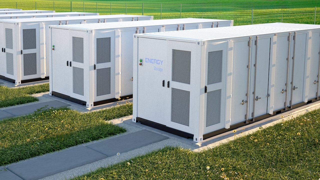 Energy Storage Power Station Energy storage power station on a green field.