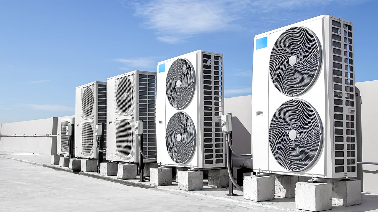 Rooftop Air Conditioners (HVAC) Air conditioners (HVAC) installed on the roof of industrial buildings.