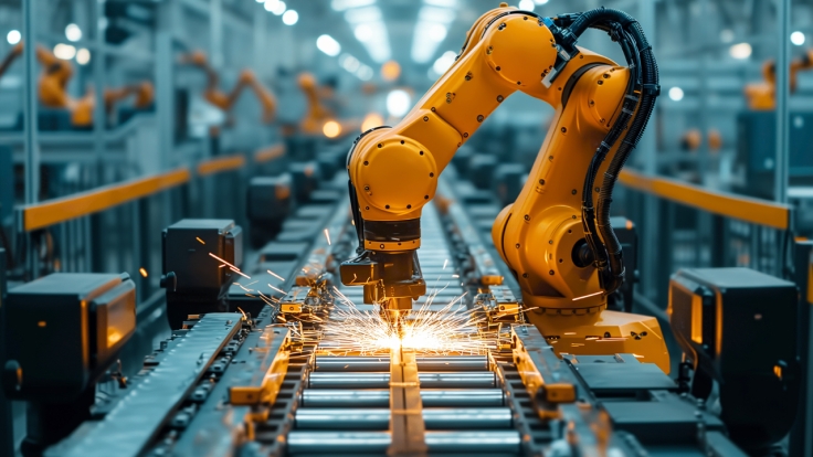 Robotic arm welding hi-tech parts in the factory