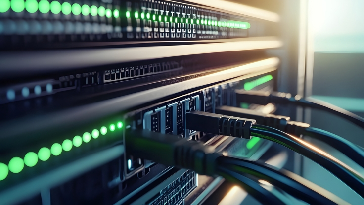 Network switch router with multiple ethernet cables plugged in, green LED lights glowing to indicate connectivity in a modern data center.