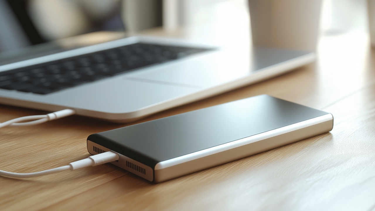 Portable power bank is connected to a laptop on the wooden desk.