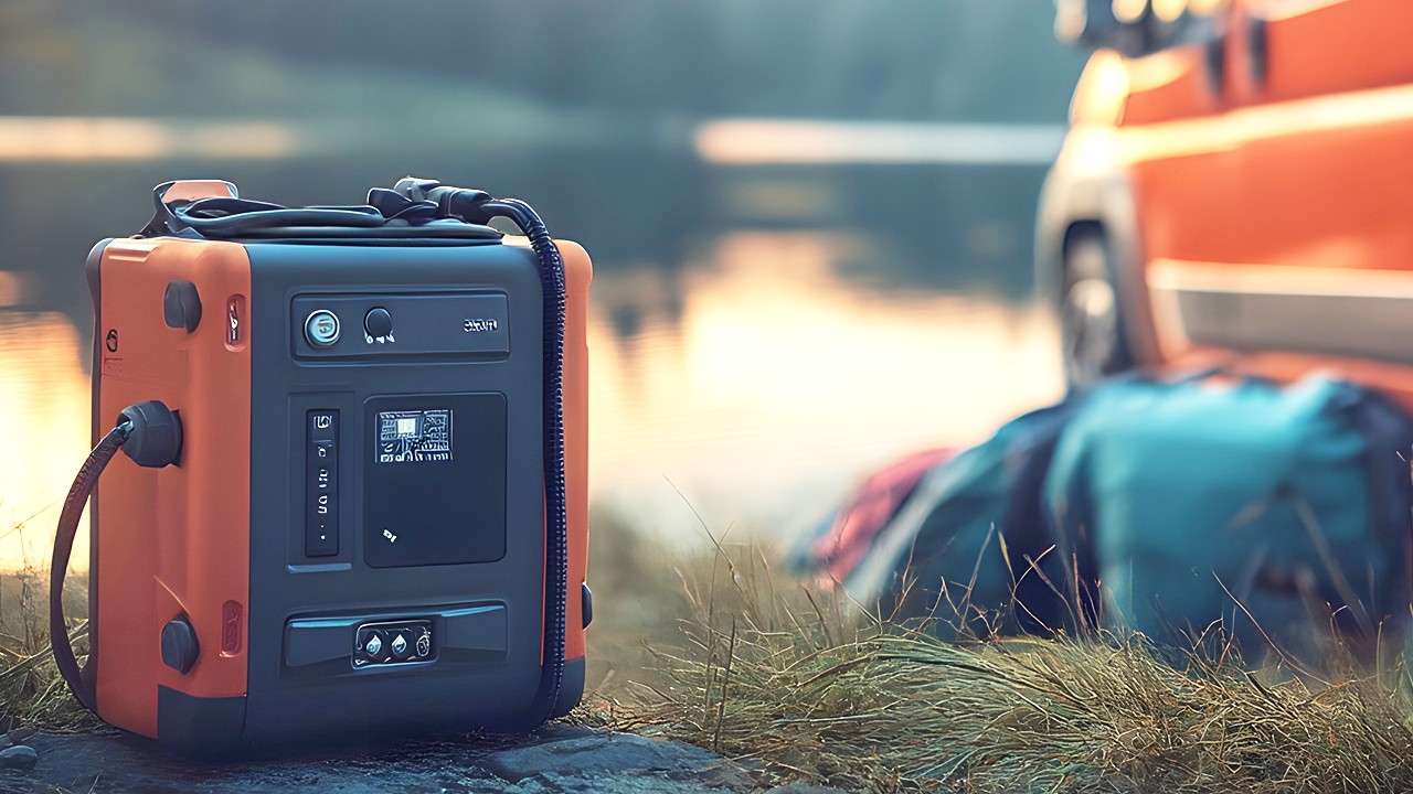 A portable power bank stands beside a van near a lake during sunset.