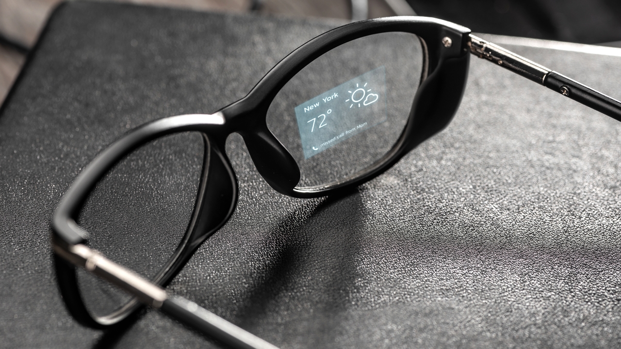 Smart Glasses Weather app projected onto a lens of smart glasses.