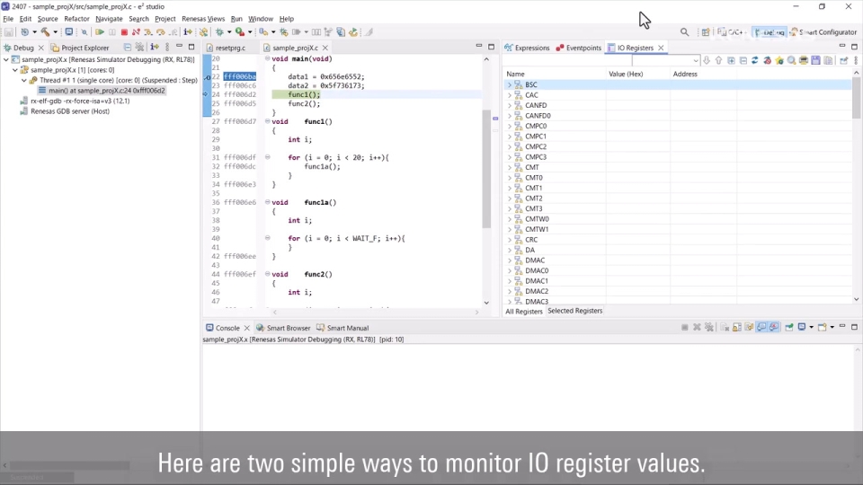 e² studio Tips - Use of IO Registers View During Debugging